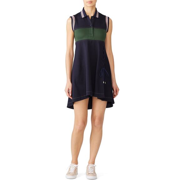 Carven Lace Up Navy Blue Green Mini Collared Polo Shirt Dress Size 38 - Picture 1 of 7